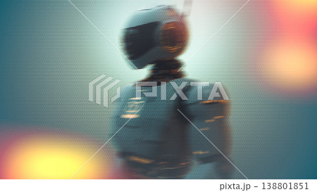 Robotic figure stands in a misty space with lights glowing in the background Robotic figure stands in a misty space with lights glowing in the background 138801851