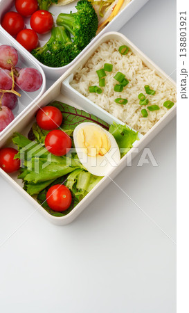 Healthy lunchbox with vegetables, rice, and egg in a container with different sections 138801921