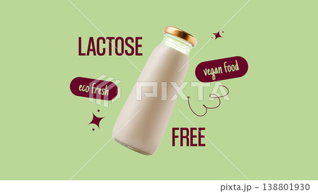 Fresh lactose free milk in a glass bottle on a green background with simple design elements 138801930