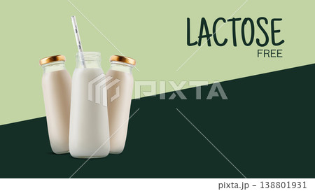 Three bottles of lactose free milk on a green background with a straw in one bottle 138801931