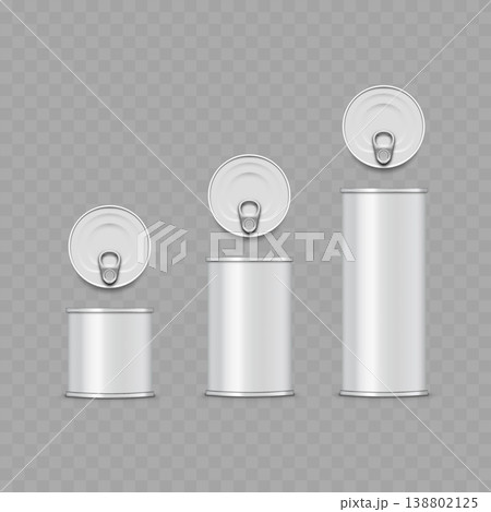 Realistic White Tin Can Mockup Set. Vector Blank Metal Food Containers with Pull Ring Lids in Various Sizes. Realistic White Tin Can Mockup Set. Vector Blank Metal Food Containers with Pull Ring Lids in Various Sizes. 138802125