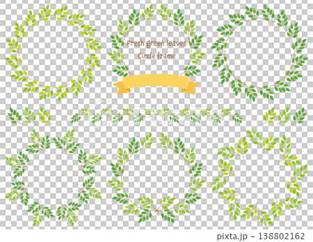 一個天然花環狀的圓形相框，周圍環繞著新鮮的綠葉。 138802162
