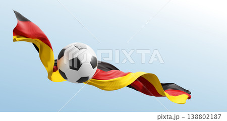 Soccer ball with waving german flag on light blue background with copy space Germany banner world football event concept 3D render Soccer ball with waving german flag on light blue background with copy space Germany banner world football event concept 3D render 138802187