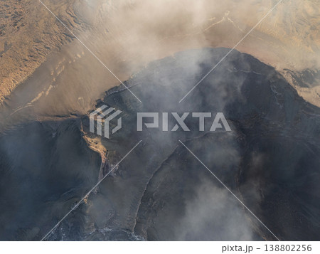 Volcanic landscape with smoke and clouds over the ground at sunset Volcanic landscape with smoke and clouds over the ground at sunset 138802256