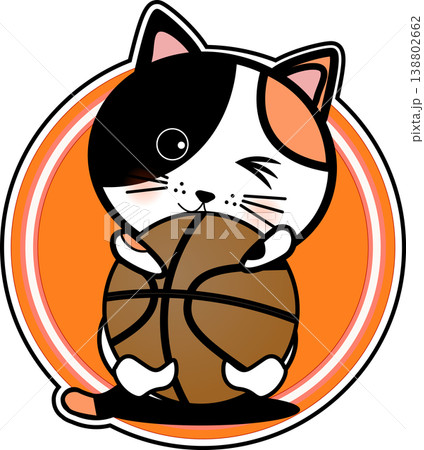 バスケットボールに抱きつく可愛い三毛猫のキャラクターイラストマーク・ロゴ 138802662