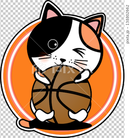 バスケットボールに抱きつく可愛い三毛猫のキャラクターイラストマーク・ロゴ 138802662