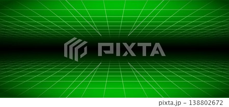 Green glow neon wireframe background. Dark green shining checkered grid floor plane in perspective. Retro futuristic horizon wallpaper. Arcade game sci fi matrix landscape surface. Vector backdrop 138802672