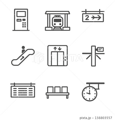 駅設備アイコンセット 9点 券売機・改札・ホームサイン・エスカレーター・エレベーター 透過PNG 駅設備アイコンセット 9点 券売機・改札・ホームサイン・エスカレーター・エレベーター 透過PNG 138803557