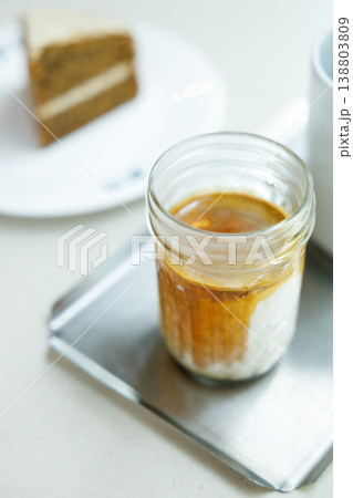 Glass of milk latte coffee on a table. 138803809