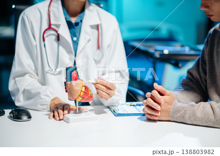 Doctor explaining human heart model to patient during consultation in a medical office Doctor explaining human heart model to patient during consultation in a medical office 138803982