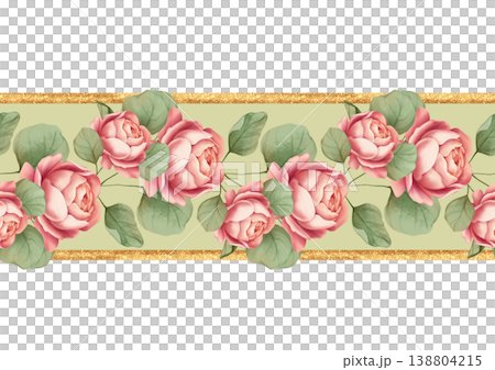 Elegant seamless repeating border with soft pink roses and green leaves on a sage green background, framed by golden glitter lines. Botanical floral illustration for ribbons, washi tape, stationery Elegant seamless repeating border with soft pink roses and green leaves on a sage green background, framed by golden glitter lines. Botanical floral illustration for ribbons, washi tape, stationery 138804215