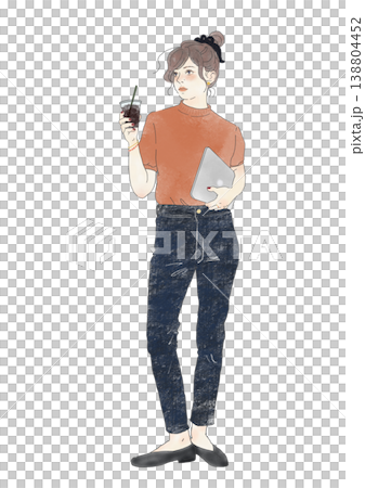 一位女性手持飲品(冰咖啡)、筆記型電腦和牛仔布的全身插圖。 一位女性手持飲品(冰咖啡)、筆記型電腦和牛仔布的全身插圖。 138804452