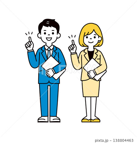 ラップトップを持ってポイントを解説する、男性社員・女性社員の全身ベクターイラスト素材セット 138804463