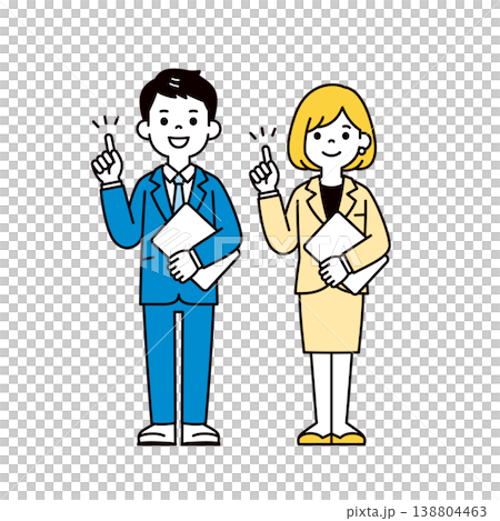 ラップトップを持ってポイントを解説する、男性社員・女性社員の全身ベクターイラスト素材セット 138804463