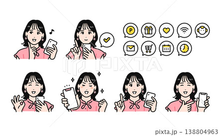 スマートフォンを操作するポジティブな半袖の若い女性と通知アイコンセット 138804963