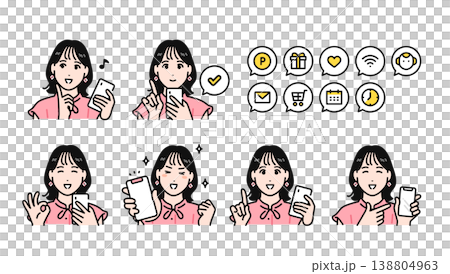 スマートフォンを操作するポジティブな半袖の若い女性と通知アイコンセット 138804963