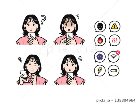 スマートフォンを持つネガティブな半袖の若い女性と通知アイコンセット 138804964