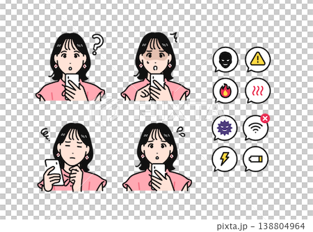 一位穿著短袖襯衫、表情消極的年輕女子，手裡拿著智慧型手機和一組通知圖示。 138804964