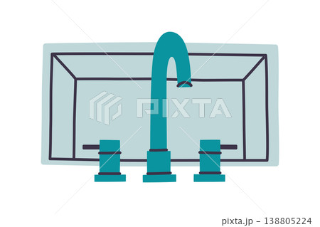 Bathroom sink with faucet and two taps, minimalist doodle icon, hand drawn style vector illustration for interior and home design theme, isolated colored clipart on white background 138805224
