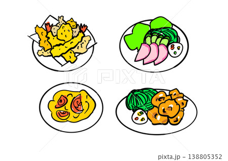 唐揚げ　天ぷら　ハムサラダ　トマトとたまご炒め 138805352