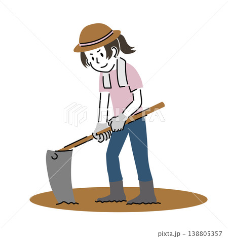 シンプルなタッチの畑を耕す女性 138805357