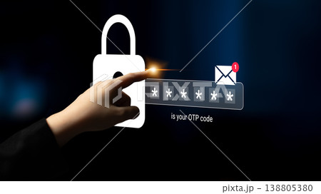 Secure Access Concept Illustrating Hand Touching Screen with OTP Code and Lock Symbolization for Online Security and Authentication Processes Gantry 138805380