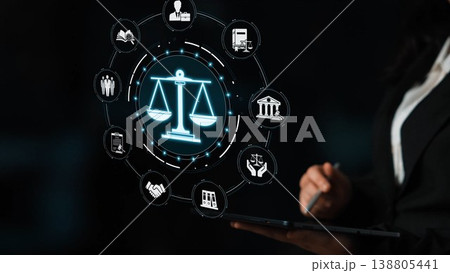 A modern digital representation of law and justice concepts featuring scales of balance on a dark background, ideal for legal services, consultancy, and ethical representation. Sigmoid 138805441