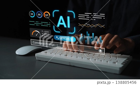 Futuristic Computer Interaction with AI Elements, Data Analytics Visualization, and Desktop Keyboard Typing for Technology and Innovation Themes Gluon Futuristic Computer Interaction with AI Elements, Data Analytics Visualization, and Desktop Keyboard Typing for Technology and Innovation Themes Gluon 138805456
