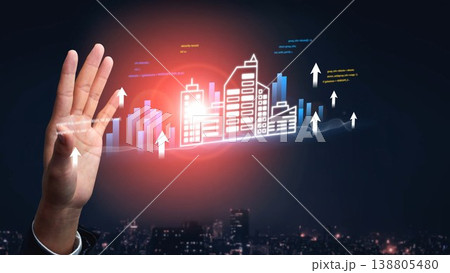 Hand Reaching Out with Financial Growth Symbols Over City Skyline at Night Displaying Data Analysis and Business Development Concepts Gluon Hand Reaching Out with Financial Growth Symbols Over City Skyline at Night Displaying Data Analysis and Business Development Concepts Gluon 138805480
