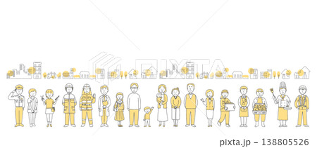 地域の人々と街並み　多様な職業と世代のコミュニティイラスト単色 138805526