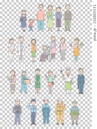 一組描繪不同專業人士的插圖，代表了多個世代和各種不同的工作人群。 138805531
