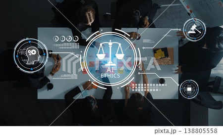 Ethical Considerations in Artificial Intelligence Development with Diverse Business Team Engaged in Discussion at Table, Emphasizing Responsibility and Fairness. Raster 138805558