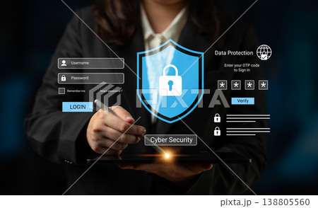 Secure Online Login Process with User Entering Data on Tablet Displaying Cyber Security Elements and Protection Icons Gantry 138805560
