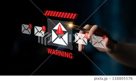 Digital Warning Notification Alert for Email Security with Hand Interaction and Red Icons Representing Cyber Threats and Risks in Online Communication Gantry Digital Warning Notification Alert for Email Security with Hand Interaction and Red Icons Representing Cyber Threats and Risks in Online Communication Gantry 138805576