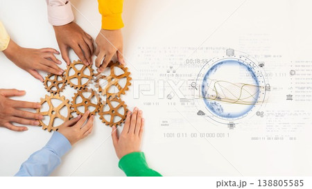 Collaboration and Innovation in Business Process with Teamwork Using Gears on a Table Surrounded by Technology and Data Visualizations. Raster Collaboration and Innovation in Business Process with Teamwork Using Gears on a Table Surrounded by Technology and Data Visualizations. Raster 138805585