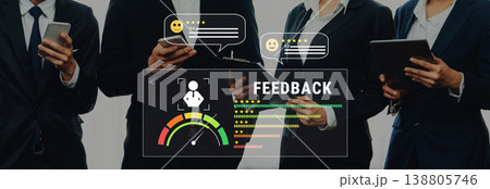 Business professionals evaluating feedback and engagement through digital devices with graphic overlay of performance indicators and comments Trope Business professionals evaluating feedback and engagement through digital devices with graphic overlay of performance indicators and comments Trope 138805746