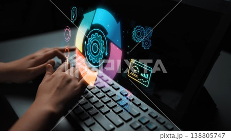 A person types on a laptop keyboard surrounded by vibrant digital graphics and icons. This image captures the essence of modern technology, data analysis, and digital innovation. Sigmoid A person types on a laptop keyboard surrounded by vibrant digital graphics and icons. This image captures the essence of modern technology, data analysis, and digital innovation. Sigmoid 138805747