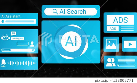 Digital interface showcasing AI search functionalities with interactive elements, chat assistance, advertisements, and multimedia options in a modern design layout Gluon Digital interface showcasing AI search functionalities with interactive elements, chat assistance, advertisements, and multimedia options in a modern design layout Gluon 138805771