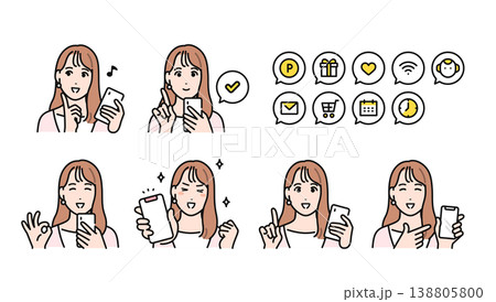 スマートフォンを持つポジティブなロングヘアの若い女性と通知アイコンセット 138805800