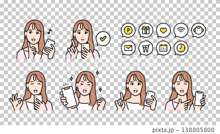 スマートフォンを持つポジティブなロングヘアの若い女性と通知アイコンセット 138805800