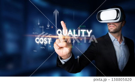 Businessman Using Virtual Reality Technology to Evaluate Cost and Quality Metrics in a Digital Dashboard for Enhanced Decision-Making. Raster 138805820