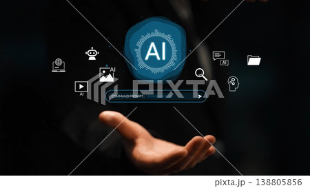 Hands Holding AI Technology Concept with Digital Symbols and Command Prompt Interface for Innovative Future in Business and Creativity Gluon Hands Holding AI Technology Concept with Digital Symbols and Command Prompt Interface for Innovative Future in Business and Creativity Gluon 138805856