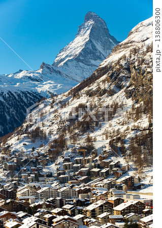 Snowing in Zermatt traditional Swiss ski resort under Matterhorn 138806300