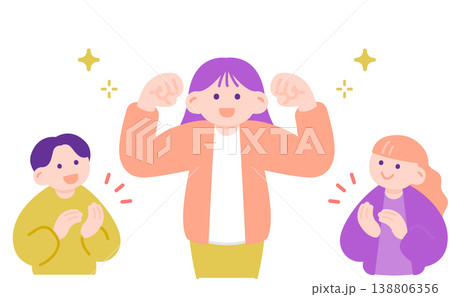 ガッツポーズの女性と拍手で称える同僚たち 138806356
