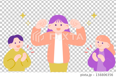 ガッツポーズの女性と拍手で称える同僚たち 138806356