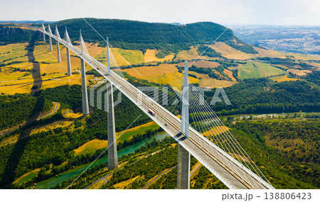 Modern multi-span cable-stayed road bridge Millau Viaduct, France 138806423