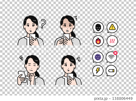 一組40多歲女性手持智慧型手機，臉部表情充滿負面情緒的照片。 138806449