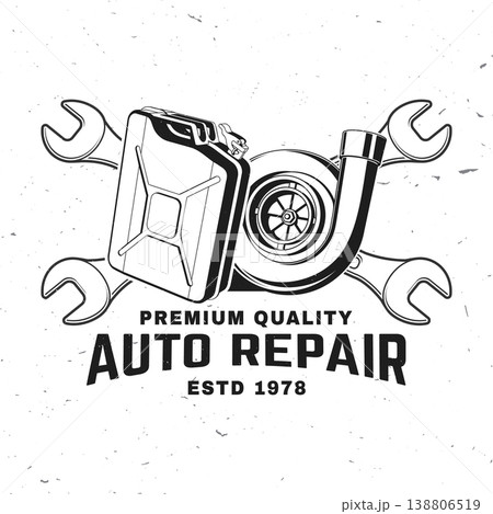Fuel can turbocharger and wrenches auto repair poster vector illustration automotive service tools and engine parts design for garage workshop print t shirt isolated background Fuel can turbocharger and wrenches auto repair poster vector illustration automotive service tools and engine parts design for garage workshop print t shirt isolated background 138806519