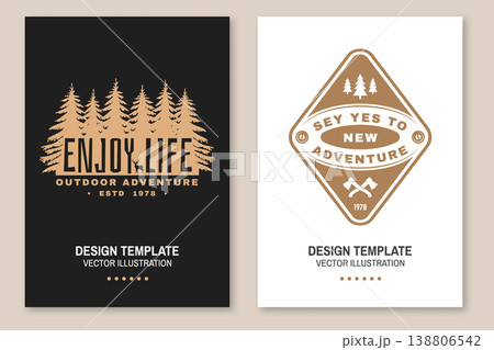 Outdoor adventure poster set with forest trees enjoy life typography and mountain badge say yes to new adventure vector illustration black and white design templates for print t shirt sticker isolated Outdoor adventure poster set with forest trees enjoy life typography and mountain badge say yes to new adventure vector illustration black and white design templates for print t shirt sticker isolated 138806542