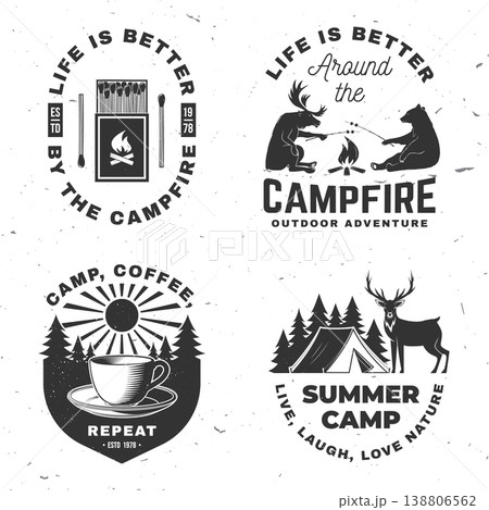 Camping scenes typography set vector collection with campfire coffee mug tent deer and outdoor adventure slogans vintage design for t shirt poster sticker isolated on white background Camping scenes typography set vector collection with campfire coffee mug tent deer and outdoor adventure slogans vintage design for t shirt poster sticker isolated on white background 138806562